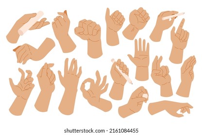 Left Hands poses Gesture. holding and pointing gestures, fingers crossed, fist, peace and thumb up. Cartoon human palms and wrist vector set. Communication or talking for messengers. Lefthanders Day