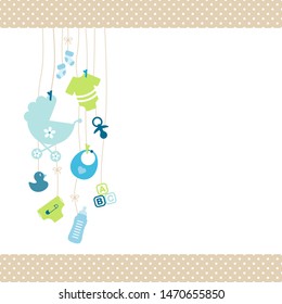 Left Hanging Baby Icons Boy Blue And Green Dot Border Beige
