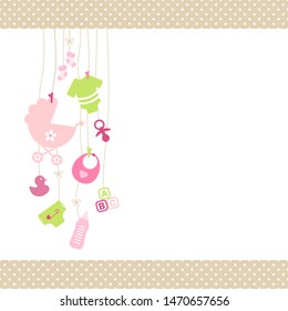 Left Hanging Baby Icons Girl Pink And Green Dot Border Beige