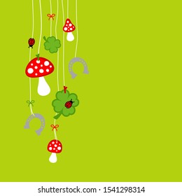 Left Hanging Fly Agaric Shamrocks Horseshoe And Ladybug Green