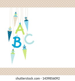 Left Hanging School Cornets And ABC Blue And Green Dots Border Beige