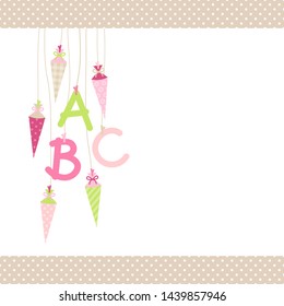 Left Hanging School Cornets And ABC Pink And Green Dots Border Beige