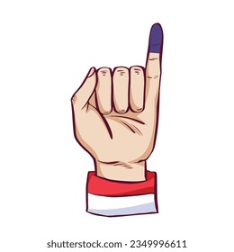 Left human hand with pinky finger up and inked vector illustration isolated on square white background. Indonesian president election day proof of voting. Simple flat outlined cartoon art styled.