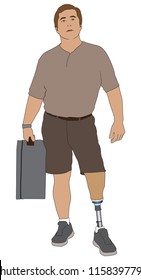 A left leg amputee on a trip is holding a suitcase and looking at a reader board