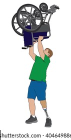 Left leg amputee triumphantly lifting his wheelchair above his head