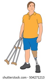 Left leg amputee is using his prosthesis instead of his crutches, which he is holding