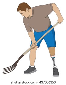 Left leg amputee using pitchfork on a project