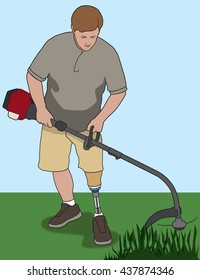 Left leg amputee using weed whacker in his yard