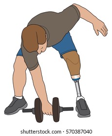Left leg amputee is working out with dumbbell