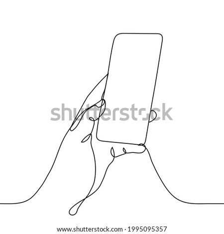 Left man's hand holds a smartphone - one line drawing. Video call concept, communication signal search, making photos or selfie