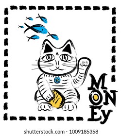 Left Paw Raised Lucky Cat. Maneki Neko.