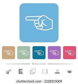 Iconos planos planos blancos de contorno de la mano izquierda sobre fondo cuadrado redondeado de color. 6 iconos de bonificación incluidos