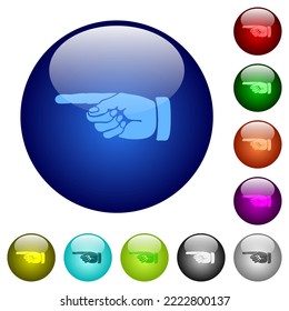 Iconos de dibujo sólido hacia la izquierda en botones de vidrio redondo de varios colores. Estructura de capas arreglada