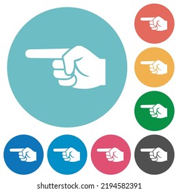 Left pointing hand solid flat white icons on round color backgrounds