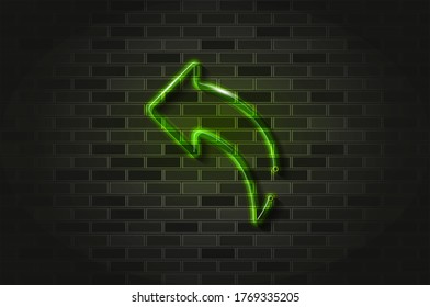 Left reply arrow glowing neon sign or glass tube. Realistic vector illustration. Black brick wall, soft shadow.