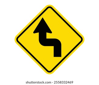 Left Reverse Turn Ahead Warning Sign Featuring a Yellow Diamond Shape with Black Reverse S-Curve Arrow, Indicating an Upcoming Left Reverse Turn, Available as a Vector File