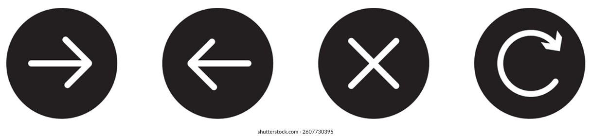 Left right arrow cancel and refresh buttons set collection on white background. Ui button set featuring next arrow previous arrow cancel redo symbols. Vector illustration