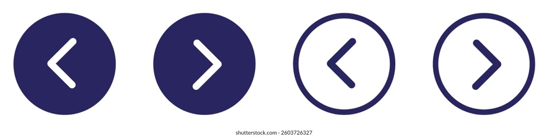 Left and right arrow navigation icons vector .Circular ui ux navigation arrow buttons.  Round back and forward arrow symbols. Minimalist navigation arrows for web design. Vector illustration