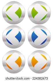 Left and right arrows. Arrow buttons, icons. Next, previous buttons. Forward, backward icons, symbols. Colorful vector arrows.
