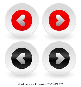 Left and right arrows. Arrow buttons, icons. Next, previous buttons. Forward, backward icons, symbols. Red / black vector arrows.