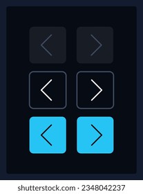Kit de elementos de interfaz de usuario de flechas izquierda y derecha. Dirección de componentes vectoriales aislados. Menús planos de navegación y plantilla de botones de interfaz. Colección de widgets de diseño web de temas oscuros para aplicación móvil