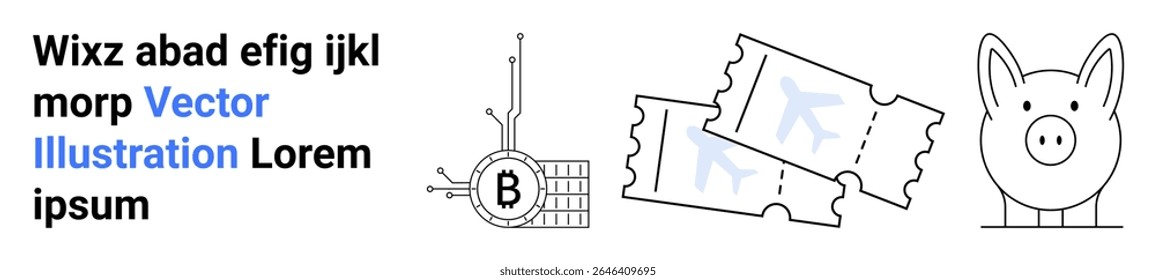 Esquerda para direita Bitcoin circuito, dois bilhetes, mealheiro. Ideal para conteúdo fintech, guias de poupança, tutoriais de investimento, blogs criptomoeda, promoções de eventos, aplicativos financeiros, sites de comércio eletrônico