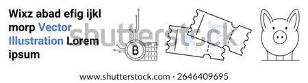 Left to right Bitcoin circuit, two tickets, piggy bank. Ideal for fintech content, savings guides, investment tutorials, cryptocurrency blogs, event promotions, financial apps, e-commerce sites