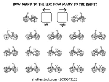 Left or right with black and white bicycle. Educational game to learn left and right.