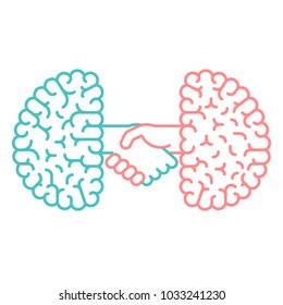 Left and Right Brain, Brainstorm Handshake concept outline stroke flat design with Smile and Angry face symbol illustration isolated on white background with copy space, vector eps 10