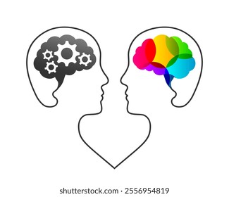 Left and right brain and cerebral hemispheres concept. Left brain with gears as logic and analytical thinking, right brain with colorful shapes as creativity and creative imagination symbol.