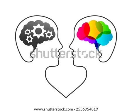 Left and right brain and cerebral hemispheres concept. Left brain with gears as logic and analytical thinking, right brain with colorful shapes as creativity and creative imagination symbol.