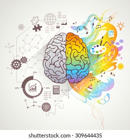 Left and right brain concept with colors music and science flat vector illustration 