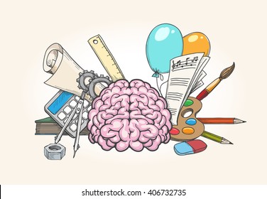 Left and right brain concept. Human mind creativity and analytical skills hand drawn vector illustration