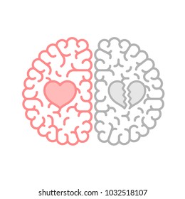 Left and Right Brain, Love concept outline stroke flat design with Heart symbol illustration isolated on white background with copy space, vector eps 10