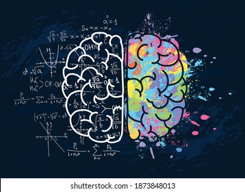 Left and right brain with science and colors art mentality. Vector illustration in flat style.