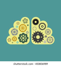 Left and right brain symbol with flowers and gears. Human mind psychology concept. Vector illustration.