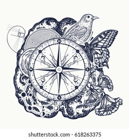 Left and right brain tattoo art. Symbol of thinking, imagination, science, study. Left and right brain functions, analytical and creativity t-shirt design 