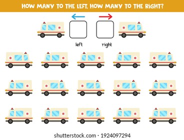 Left or right with cartoon ambulance car. Educational game to learn left and right.