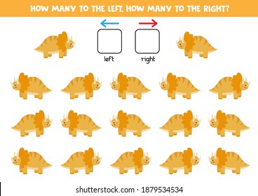 Left or right with cartoon dinosaur trice raptor. Educational game to learn left and right.