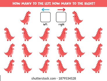 Izquierda o derecha con el tiranosaurio de los dinosaurios de dibujos animados. Juego educativo para aprender de izquierda a derecha.