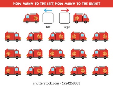Left or right with cartoon fire truck. Educational game to learn left and right.