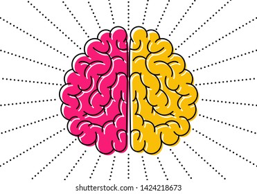 Left and right cerebral hemispheres in different colors, simple abstract graphic of brain surrounded by dotted lines isolated on white background