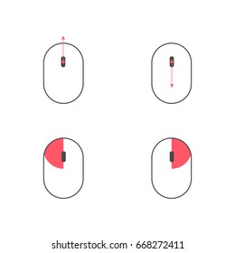 Left and right clicks, scroll up and down wheel sicons. Computer mouse. Flat material design. White background. Illustration. Eps10.