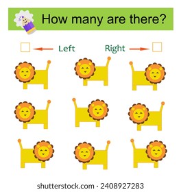 Left or Right. Count how many cartoon lions are turned left and how many are turned right. Vector illustration. 