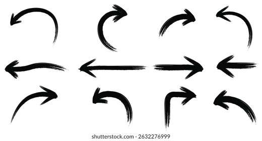 Left right curve direction pointing brush style arrows black silhouette design elements