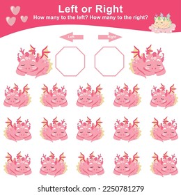 Left or right with cute baby dragon sleeping. Counting worksheet for kids. Math game. Count and write the result. Left or Right worksheet for kids. Educational printable math worksheet. 