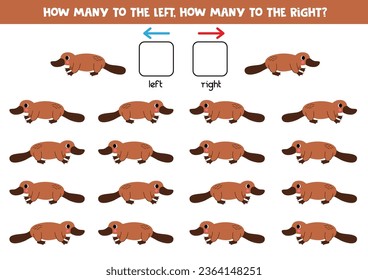 Left or right with cute cartoon brown platypus. Educational game to learn left and right.