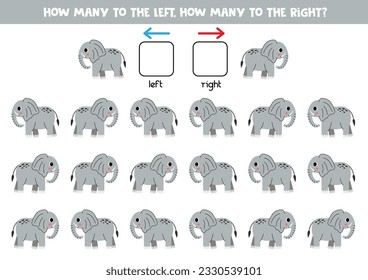 Izquierda o derecha con tierno elefante de dibujos animados. Juego educativo para aprender de izquierda a derecha.