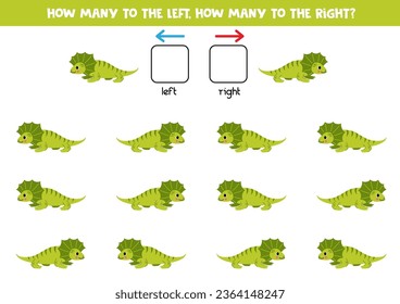 Izquierda o derecha con un lindo caricatura de lagarto frito. Juego educativo para aprender de izquierda a derecha.