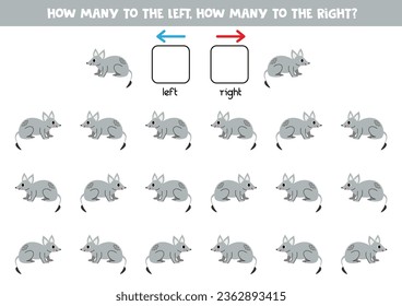 Izquierda o derecha con un lindo dibujo animado gris bandicoot. Juego educativo para aprender de izquierda a derecha.